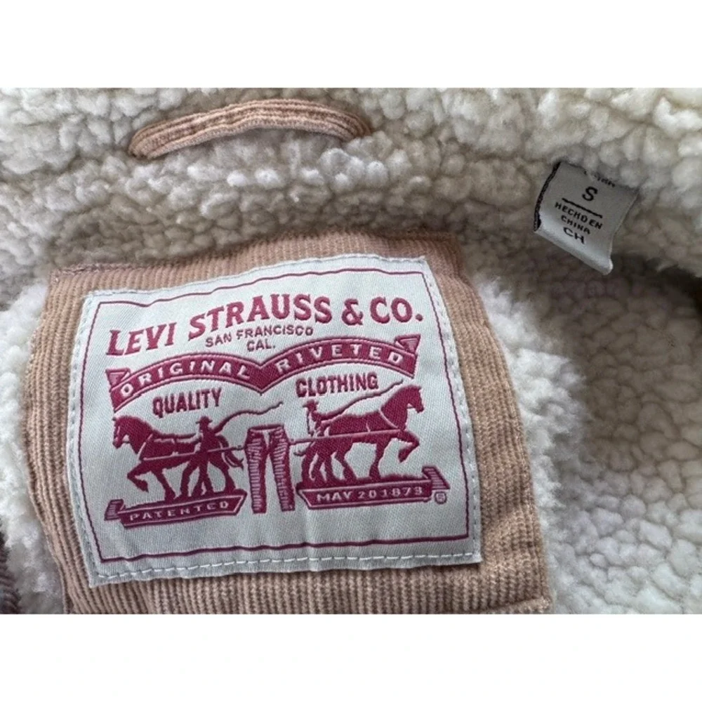 Levis Mens Sherpa Lined Hooded Corduroy Trucker Jacket Tan Brown Small